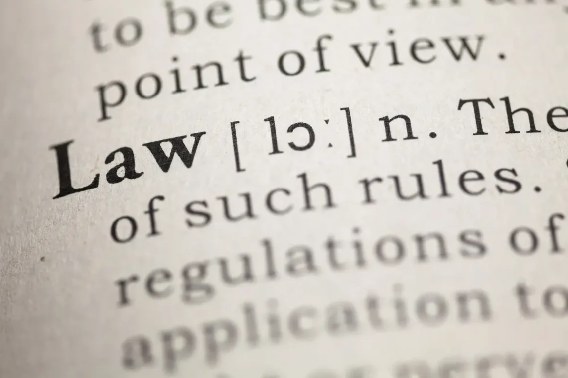 Ordet "Law" i fed skrift i en ordbogstekst, der henviser til lovgivning og regler.